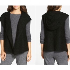 Eileen Fisher Alpaca Silk Hooded Vest Black Open Front Size M